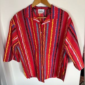 Vintage Lucky Winner Red South Western Blouse Multi Color Oversized Size XL